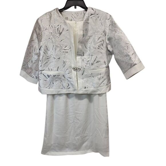 Women's 12 White Two Piece Dress Church Suit Formal Jacquard Embroidery Jacket - Picture 2 of 15
